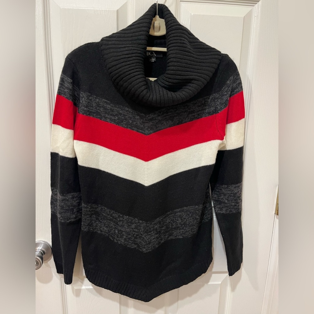 BCX Womens Turtleneck  Sweater Black Gray Red White Color Block Stripe Size M